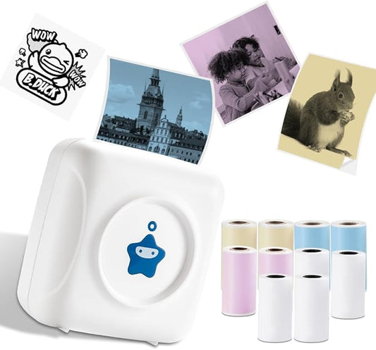 vretti Sticker Printer - TP2-Y Mini Portable Thermal Printer with 10 Rolls Thermal Paper, Inkless Sticker Maker Machine Bluetooth Mini Pocket Printer for iPhone, Study Graphics, Photos, Students