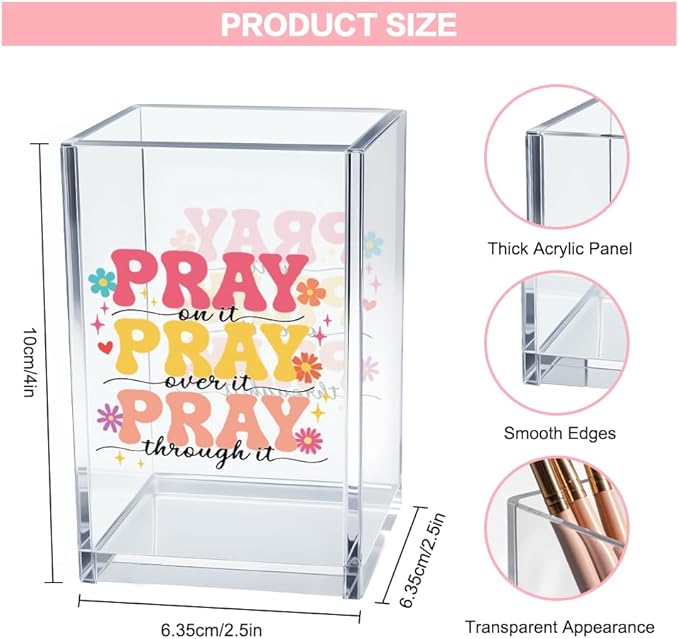 Pray on it Pray through it Acrylic Cosmetic Pencil Pen Holder Cup, Bible Verse Pen Holder Cup, Women Faith Gifts, Christian Gifts for Women Mom Daughter Sister Friend Colleague Boss Teacher