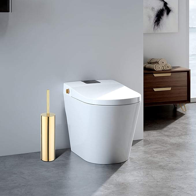Kelirol Toilet Brush and Holder Set Gold Stainless Steel, 304 Heavy Duty Round Toilet Brush Set – Rust Resistant, Long Handle, Replacement Heads, Floor Standing Bathroom Toilet Cleaning Brush