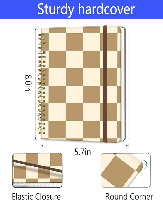 Spiral Journal Notebook, A5 Cute Notebooks for Women Men, College Ruled Hardcover Notebook for Work & Note Taking, 60 Pages Double-Wire Journals for Writing, Cute Green White Plaid