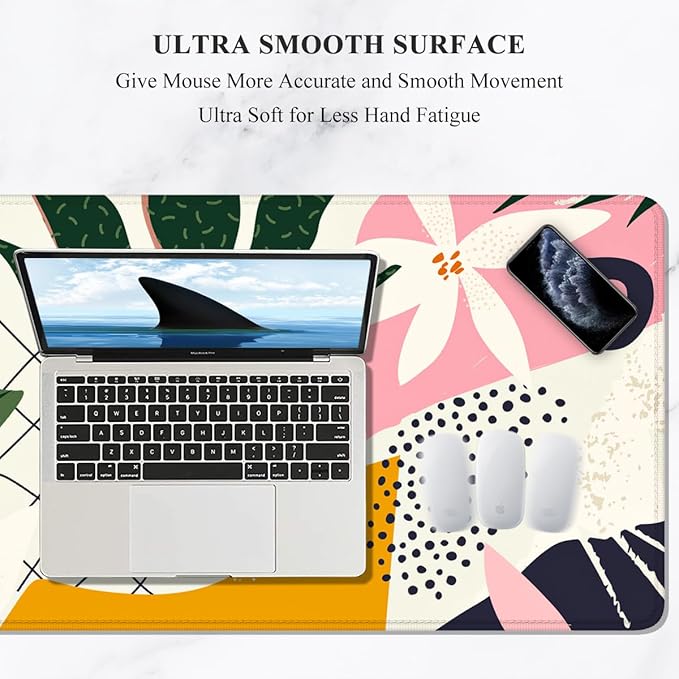 Auhoahsil Desk Mouse Pad, Large Gaming Mousepad, XXL Desk Pad, Extended Long Superior Micro-Weave Cloth Non-slip Rubber Big Computer Mouse Mat for Gamer, Office & Home, 35" x 15", Pink Tropical Flower