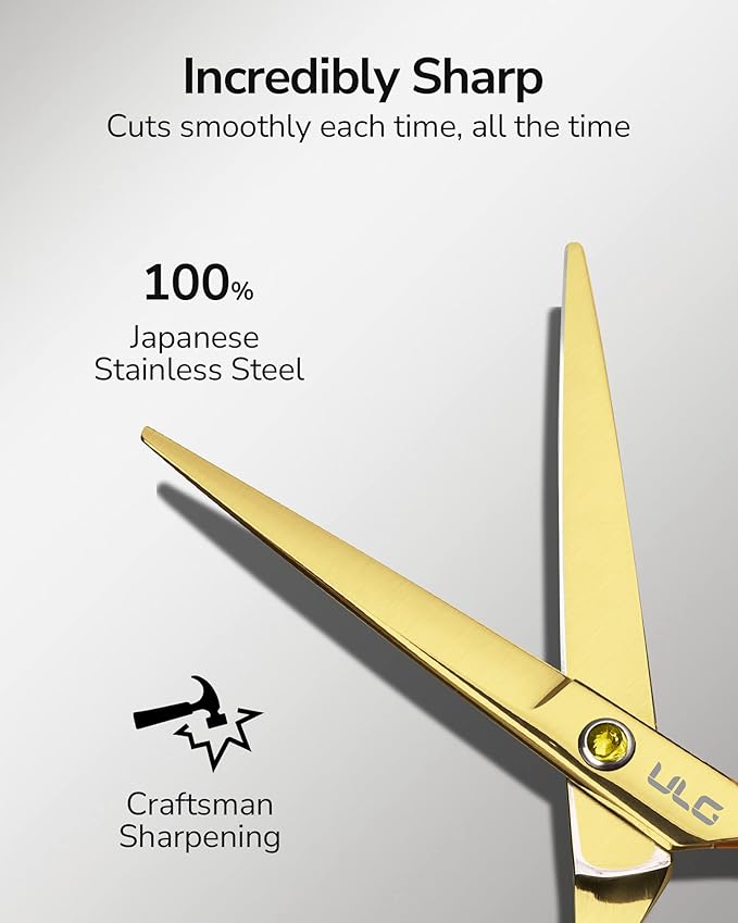 Hair Cutting Scissors, ULG Hair Shears 6.5 inch Hairdressing Hair Scissor, Salon Razor Edge Hair Cutting Shears, Japanese Stainless Steel Haircut Scissors with Detachable Finger Gold