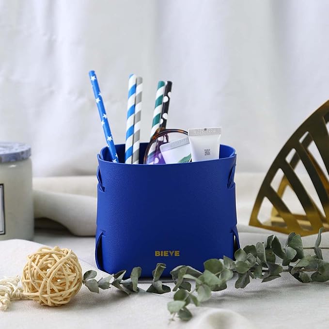 Bieye LSB007 Collapsible Leather Storage Bin Decorative Desk Organizer for Jewelry Makeup Pen Pencil Glasses Remote Controller Storage (Sapphire Blue, 4" WX4 LX4 H)