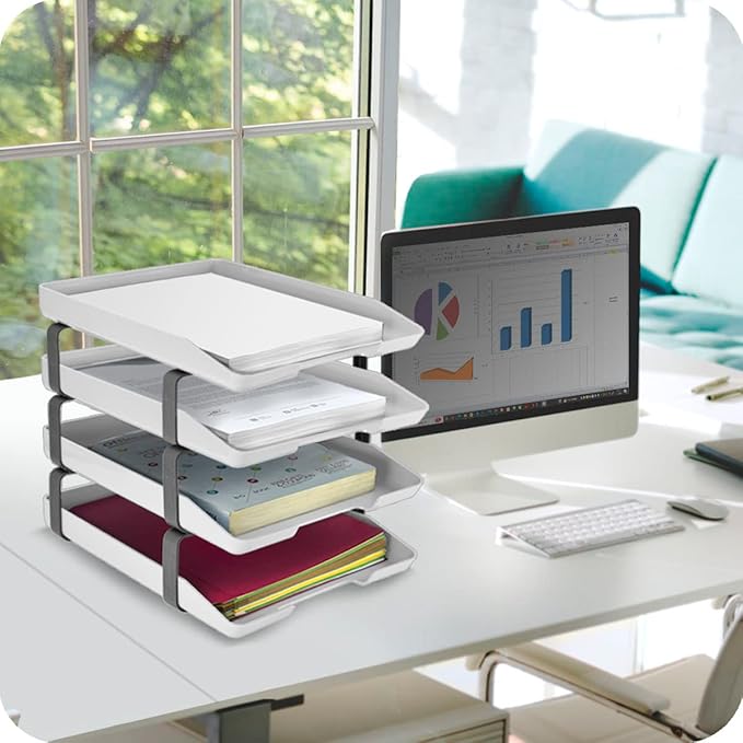 Acrimet Traditional 4 Tier Letter Tray, Front Load Design, A4 Letter Size, Desktop Organizer (Plastic) (White Color)