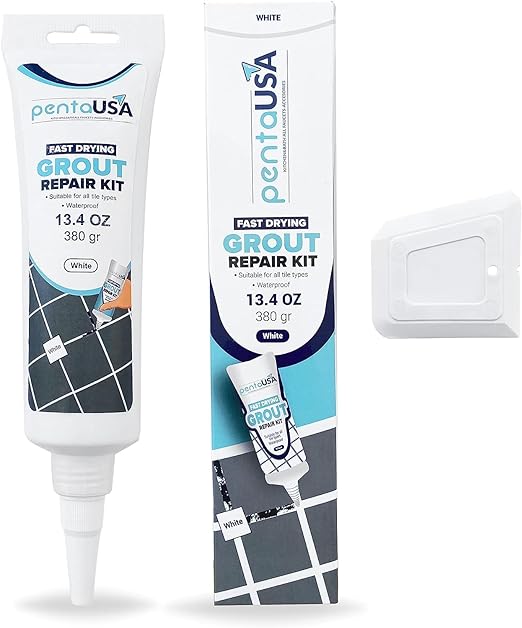 PentaUSA Tile Grout - Large Grout Filler Repairs Renews Tube, Fast Drying Grout Repair Kit, Odorless Formula - Grout Floater Included - 13.4oz / 380gr (White)