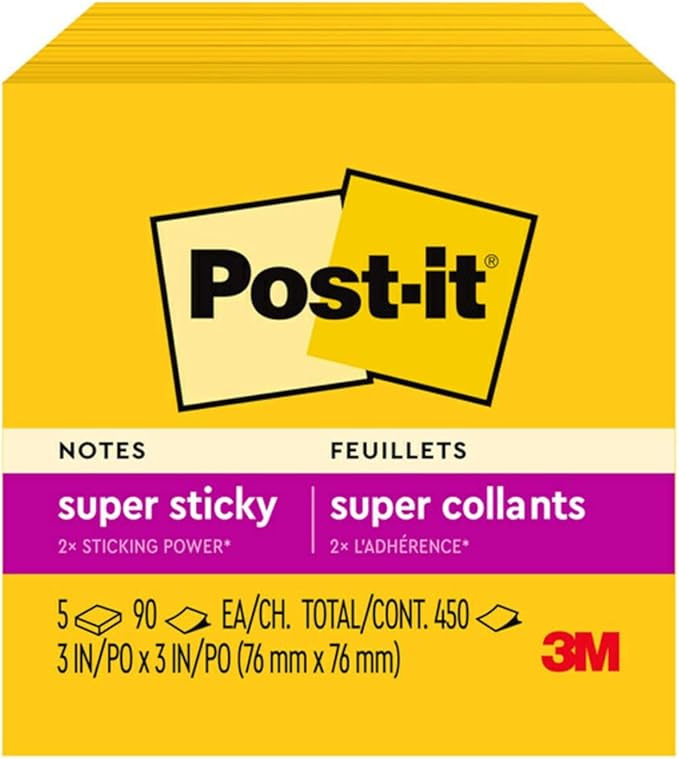 Post-it Super Sticky Notes, 5 Sticky Note Pads, 3 x 3 in., School Supplies, Office Products, Sticky Notes for Vertical Surfaces, Monitors, Walls and Windows, Sunnyside Yellow