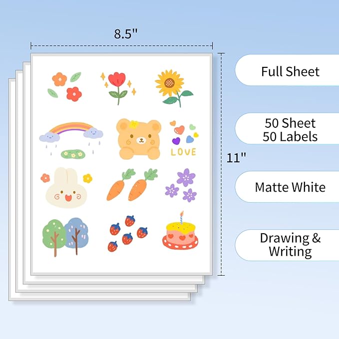 FungLam 8.5" x 11" Full Sheet Sticker Paper, Printable Sticker Paper for Laser & Inkjet Printers, 50 Full Sheet Address Shipping Label（50 Labels）