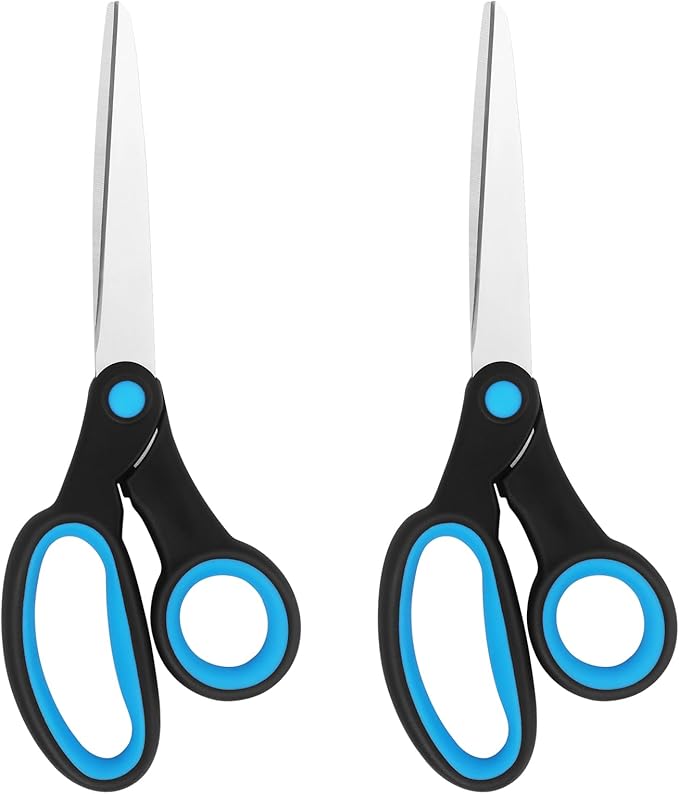 Left-Handed Scissors, 2 Pieces 8-Inch Stainless Steel Scissors Set with Soft Grip for Home, School, Office, Sewing Fabrics, Blue