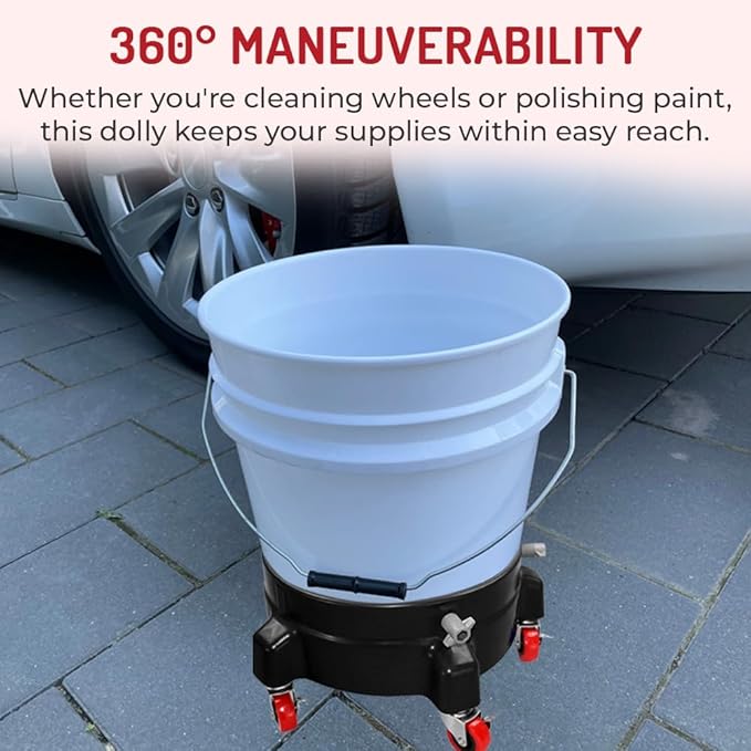 Heavy Duty Car Wash Bucket Dolly with 360° Swivel Casters | Fits 3.5–7 Gallon Buckets | 300 lb Capacity | Soap Holder | Rolling Pail Stand for Auto Detailing |Black