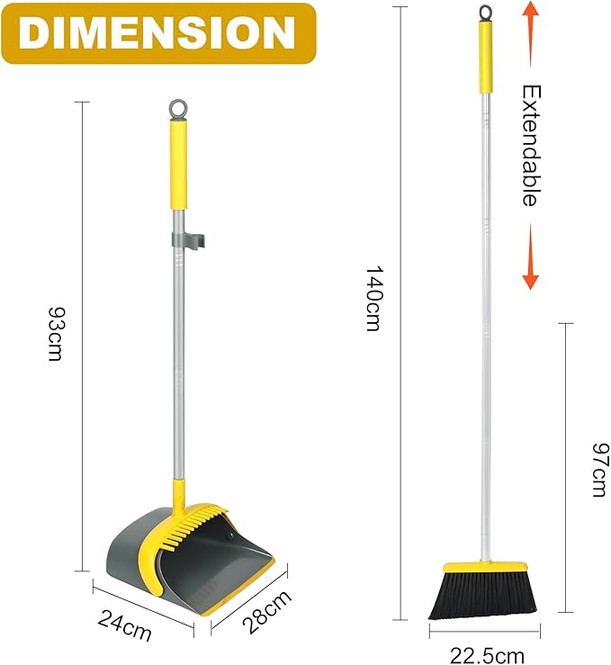 Dirty Fox Broom and Dustpan Set with 54 Inch Long Handle - Perfect Dust Pan and Brush Combo for Home Efficient Cleaning (Yellow and Grey)