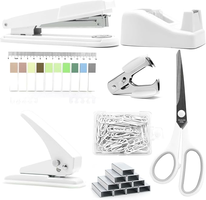 sportsvoutdoors White Desk Accessories, White Office Supplies,Large Stapler and Tape Dispenser Set, White Desk Accessory Kit, Gift for Students, Women, Coworkers, Boss Lady, Office Clerks