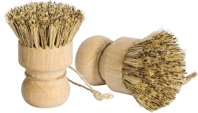 KUILONGT Pot Brush 3 Pack with Sisal and Coconut Coir, Wood Handle Scrub Brushes for Cast Iron Non-Stick Pans and Cookware