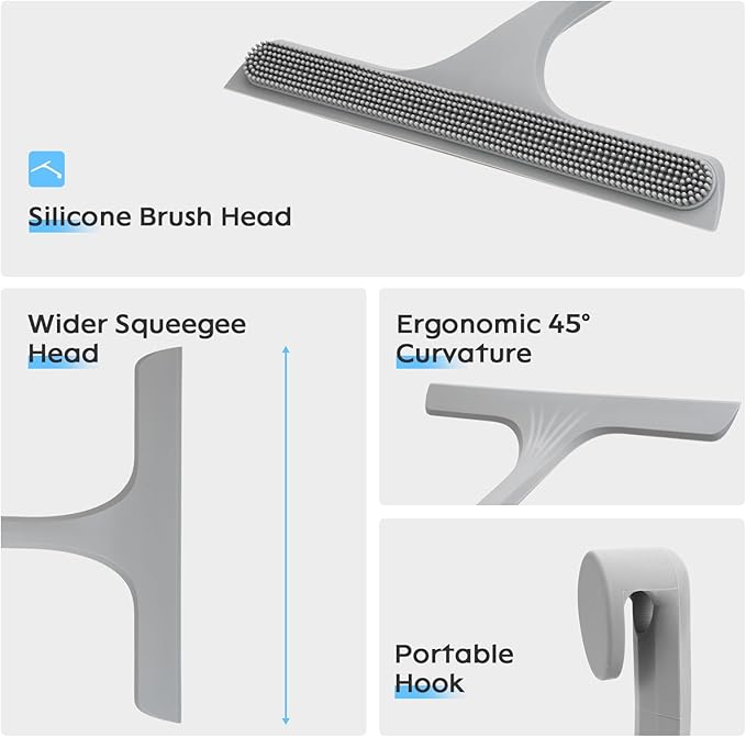 Mesiiloly 10.7“ Wide All-Purpose Shower Squeegee for Glass Doors, Squeegee for Shower Glass with Hook, Window Squeegee with Double-Ended Gap Brush Set for Shower, Bathroom, Car Glass, Mirror (Gray)