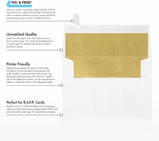 LUXPaper A2 Foil Lined Invitation Envelopes | Peel & Press | 4 3/8" x 5 3/4" | White w/Gold LUX Lining | 70lb. Text | 50 Qty