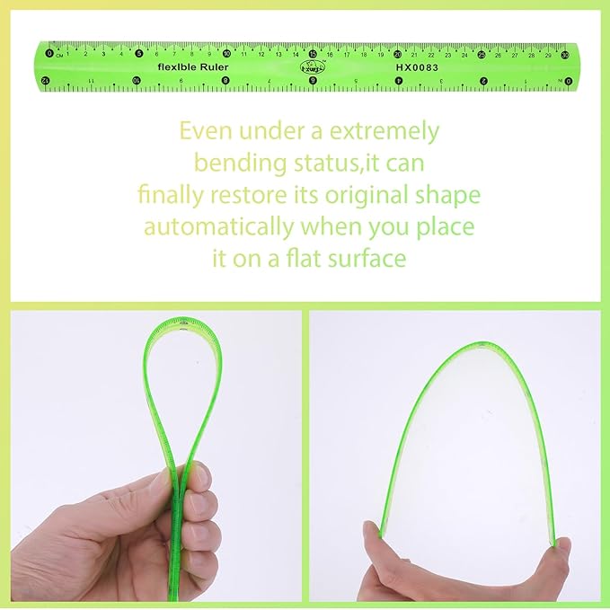 Grevosea 2 PCS Flexible Ruler Bendable Unbreakable Safe Soft Transparent Clear Shatterproof Clear Rulers Straight Flat Plastic Ruler for Home School Classroom Office Kids Adults (Red, Green)