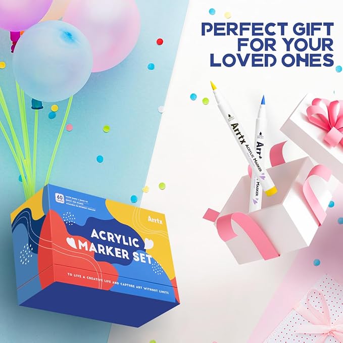 Arrtx Acrylic Paint Pens 60A,Brush Tip Acrylic Markers Set for Rock Painting,Glass,Stone,Wood,Ceramic Fabric