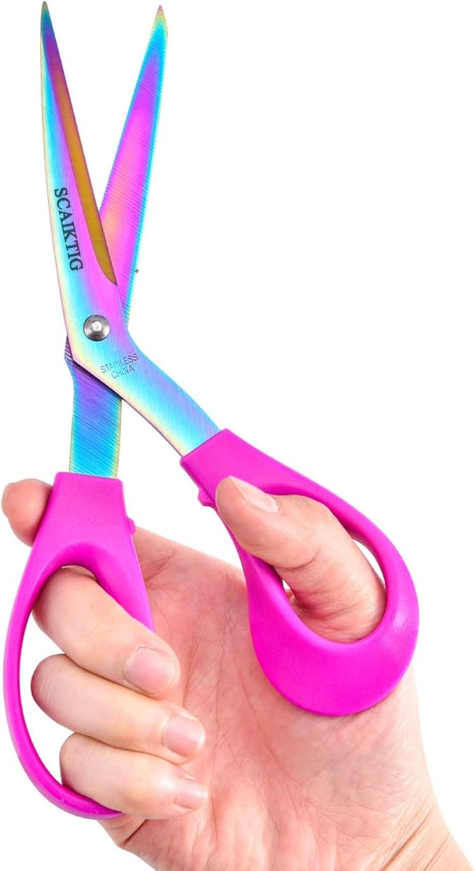 8.5‘’ Bent Fabric Scissors All Purpose Sharp Heavy Duty, Bent Shears for Sewing Crafting Cutting Clothes, Felt, Leather, Paper Supplies, Purple Handle and Rainbow Titanium Coating Blades