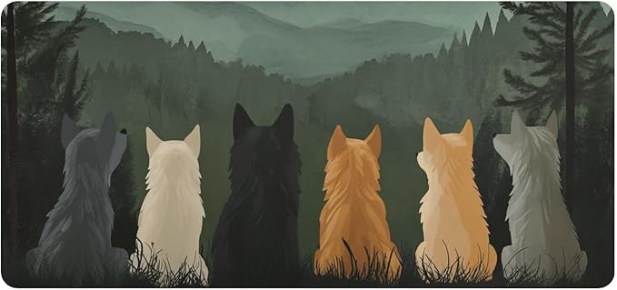 Mouse Pad Desk Mat Leather Desk Pad Large Gaming Desk Cover Protector Mat for Keyboard Computer Laptop Office Waterproof 35.4 x 16.5 Inch Cute Wolves Back and Green Mountain