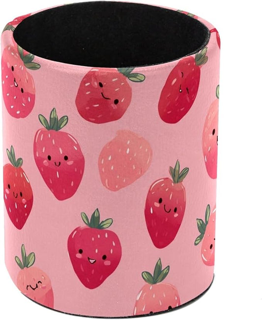 Leather Pen Holder for Desk Strawberry Cute Print Pencil Cup Desktop Organizer Makeup Brush Holders Office Supplies for Home, Kids & School