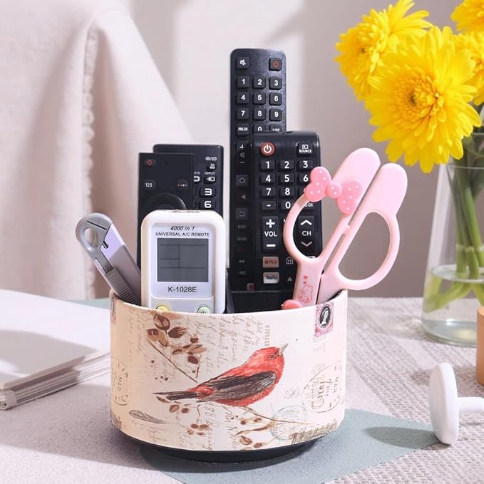 360° Rotate Desk Pen Organizer, Makeup Brush Holder Organizer, Makeup Organizers Countertop, TV Remote Control Holder,Leather Remote Caddy,Dual-Purpose Art Supply Pencil Cup (Bird)