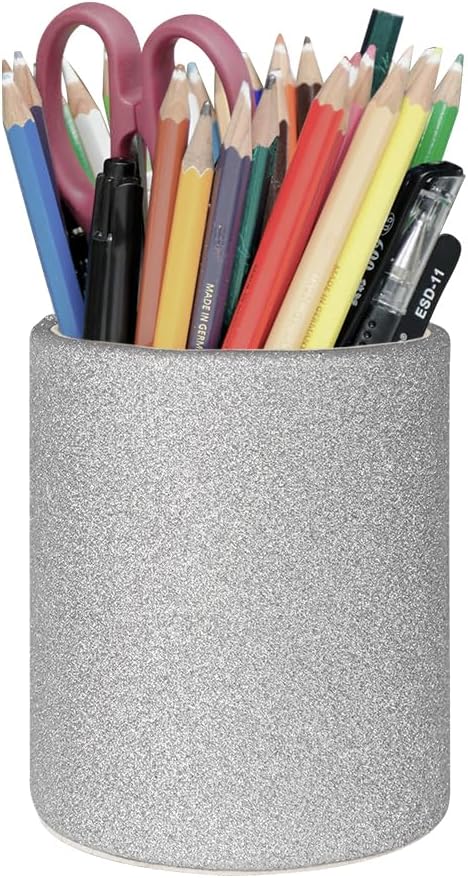 CXLE Pencil Holder Desk Organizer, PU Leather Pen Holder for Desk Decor Organizer Cosmetics Brush Holder for Teachers Students Storage Box Office Classroom(Sliver)