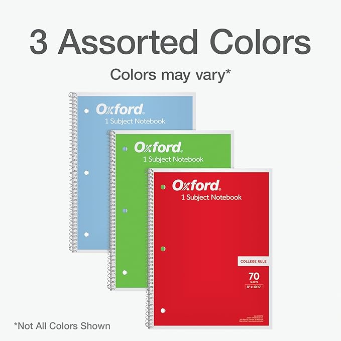 Oxford 1-Subject Notebooks, Notebooks for School, 8 x 10.5 Inches, College Rule, 70 Sheets, Assorted Primary Colors, 3 Pack, Colors May Vary (1006792)