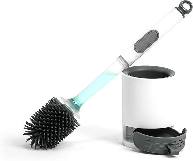 BERGFBV Silicone Toilet Brush and Holder Set, 1 Pack Bendable Toilet Scrubber for Curved Rim, Non-Scratch Drip-Resistant Brush with Sprayer, Space Saving Bathroom Essentials (1)