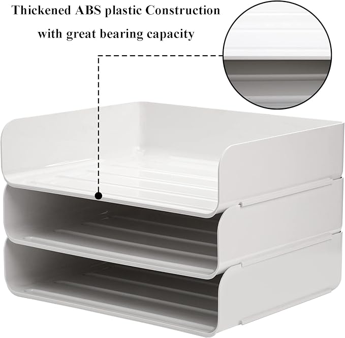 Okllen 3 Pack Stackable Desktop Letter Tray, 3 Tier Paper Document Tray Organizer, White Plastic Desk File Rack for A4 Paper, Magazine, Receipts, Office Supplies