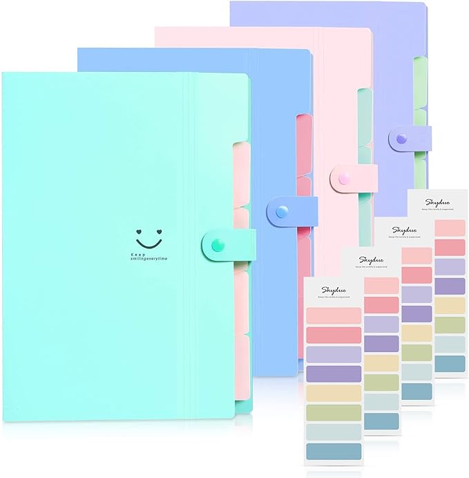 SKYDUE Expanding File Folders with 5 Pockets, Accordion File Organizer with 32 Labels, Portable Document Paper Organizer, Filing Folders, Letter / A4 Size, Pack of 4