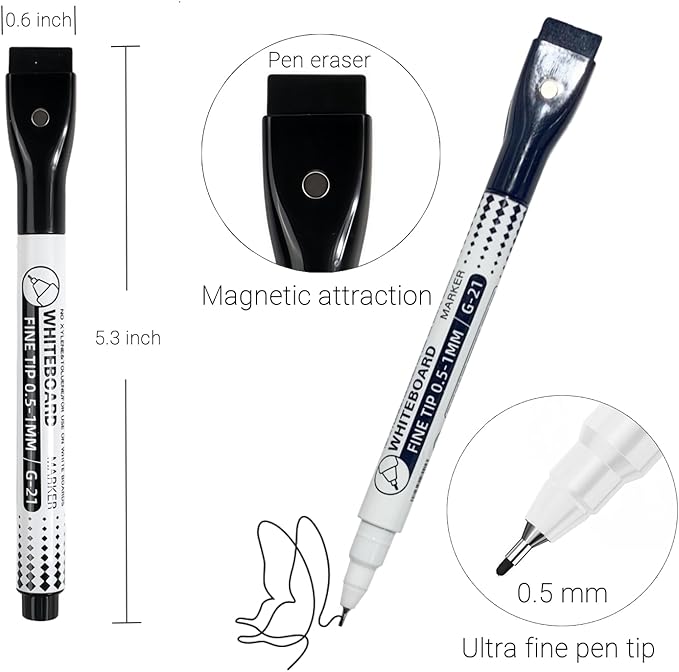 Black Dry Erase Markers Fine Tip,0.5mm Ultra Fine Dry Erase Markers,10pcs Whiteboard Markers,with Magnetic Eraser,Small Font Writing for Calendar Notebook Note Pad (Black)