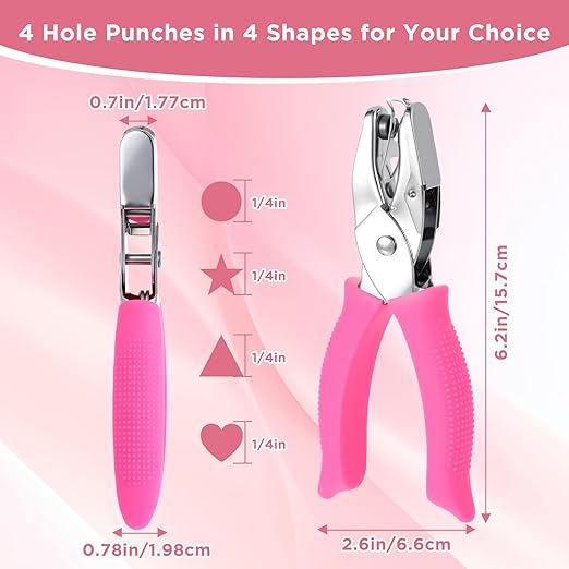 4 PCS 1/4" Hole Punchers for Crafts, Single Hole Punch Shapes with Circle Heart Star Triangle, with Soft-Handled for Binder Scrapbooking Classroom Card Punching Reinforcement Stickers