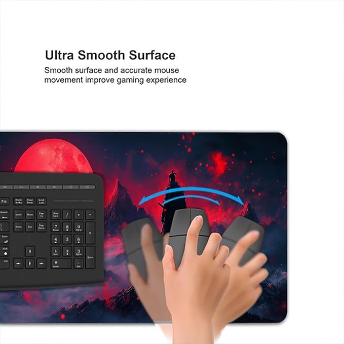 Japanese Samurai Gaming Mouse Pad Desk Pad Red Blood Moon Anime Katana Extended Gaming Mouse Pad Mat with Stitched Edge Non-Slip Base Big Mouse Pad Office Computer Keyboard Laptop Home 31.5"x11.8"