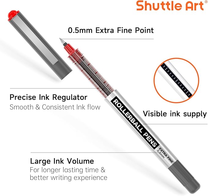 Shuttle Art RollerBall Pens, 25 Pack Red Fine Point Roller Ball Pens, 0.5mm Liquid Ink Pens for Writing Journaling Taking Notes School Office