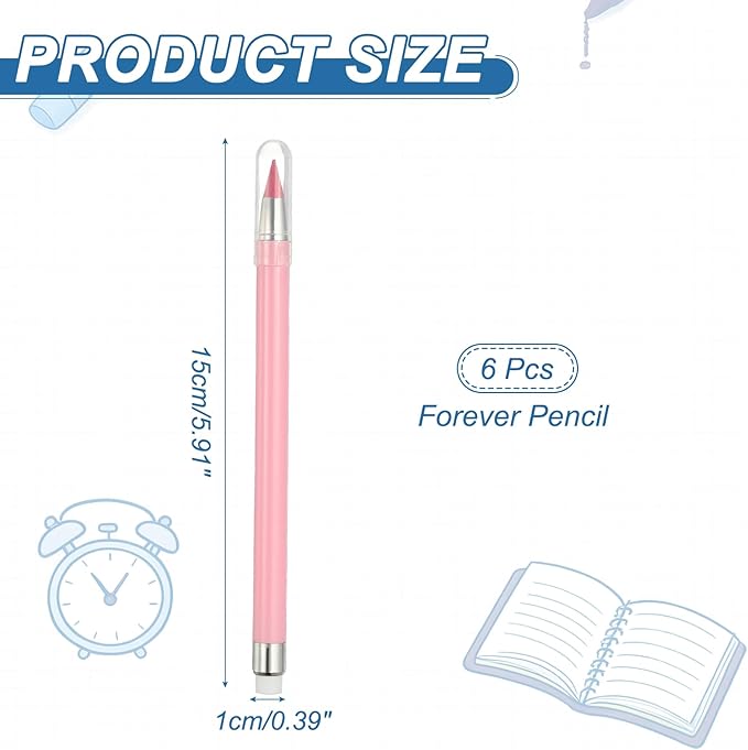 PATIKIL Forever Pencil, 6 Pcs Mechanical Sharpened Cute Metal Pencils Set for Coloring Book Sketch Drawing Writing Art Beginner, Pink