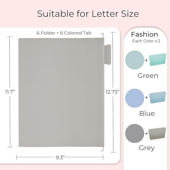 Y YOMA 6 Pack Colored Hanging File Folders Letter Size Decorative Hanging Folder Cute Pretty File Folder for Filing Cabinet Drawer Office Home with 1/5-Cut Adjustable Tabs, 3 Selected Fashion Color