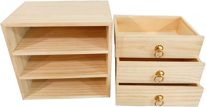 3 Layer Natural Wooden Storage Box with Drawers Desk Organizer Desk Accessories 3 Drawer Storage Organizer Wood Tabletop Organizer with Metal Handle for Home Office Counter Craft Decor