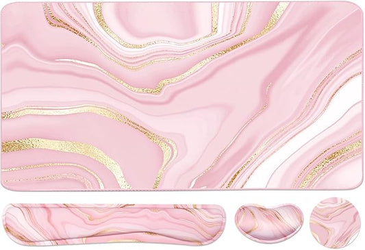 Keyboard Mouse Pad Set, Extended Mouse Pad+Keyboard Wrist Rest Support, Memory Foam Ergonomic Easy Typing, 3Pcs (35.4×15.7 in) Desk Pad Set for Home Office Study Game- Pink Gold