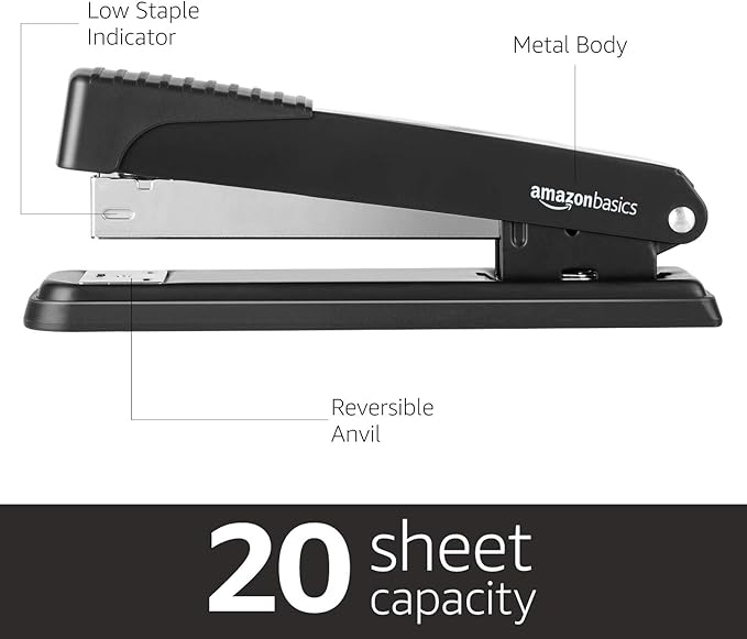 Amazon Basics Desktop Stapler, Full-Strip, 20 Sheet Capacity, Black, Pack of 12