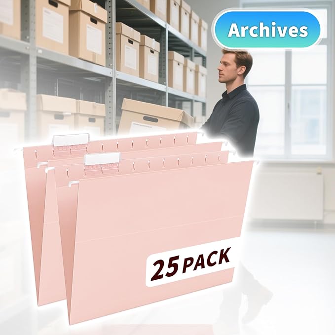 25-Pack Pink Hanging File Folders, Letter Size (8.5" x 11") with 1/5-Cut Tabs,25 Transparent Label Cards & 25 Sticker Labelsfor Home & Office Organization