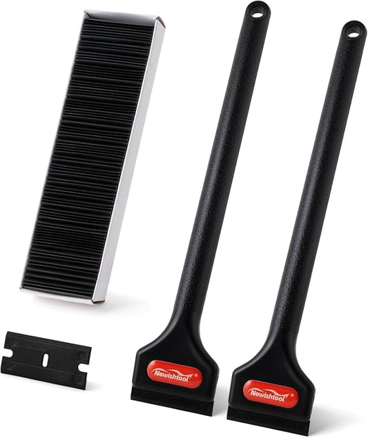 NEWISHTOOL 2 Pcs Long Handle Plastic Razor Blade Scraper With 100 PCS Spare Replacement Blades, Sticker Remover Glue Residue Tool for Hard to Reach Corner