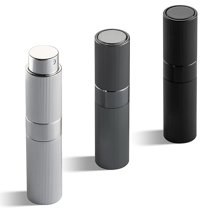 LISAPACK Perfume Travel Refillable Bottle - Atomizer Cologne Spray for Men Portable - Mini Sprayer Empty for Refill - Small Size 8ML Striped (Grey, Black, Silver)