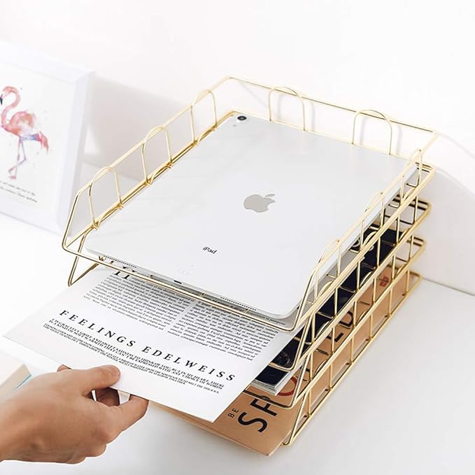 Jolitac Rose Gold 4-Tier Stackable Paper Tray Desk Organizer, Workspace Decorative Stacking Rack Supplies Holder, Metal Letter Trays for File Documents in Home & Office (Gold)