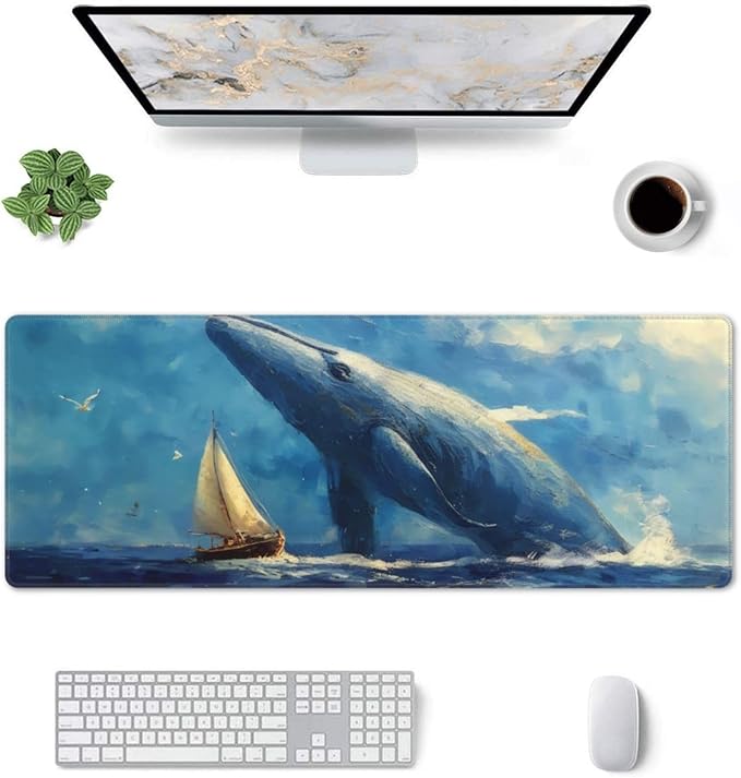 Gaming Mouse Pad, Large Non-Slip Rubber Base Mousepad, Keyboard Mouse Mat, Desk Pad with Stitched Edges, 31.5x11.8inch,Ocean Whale Sailing