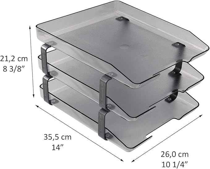 Acrimet Traditional 3 Tier Letter Tray, Front Load Design, A4 Letter Size, Desktop Organizer (Plastic) (Smoke Color)