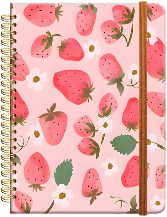 Ruled Spiral Writing Notebook,A5 Hardcover Lined College Journal for Women Lady Girl,Strong Twin-Wire Binding with Premium Paper,8.4" X 6",Perfect for School,Office,Home Gifts(Pink Strawberry)
