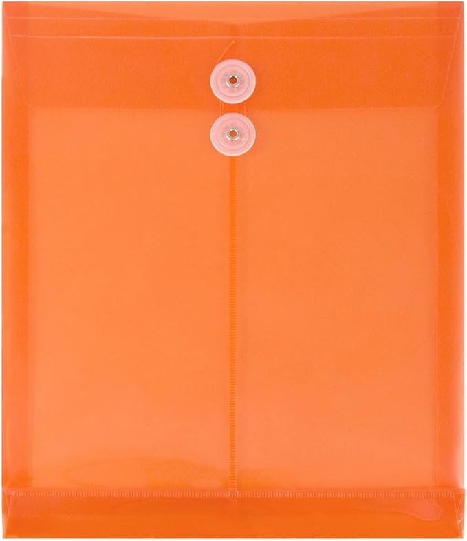 JAM PAPER Plastic Envelopes with Button & String Tie Closure - Letter Open End - 9 3/4 x 11 3/4 - Bright Orange - 12/Pack