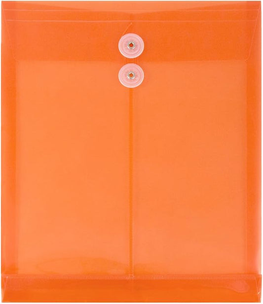 JAM PAPER Plastic Envelopes with Button & String Tie Closure - Letter Open End - 9 3/4 x 11 3/4 - Bright Orange - 12/Pack