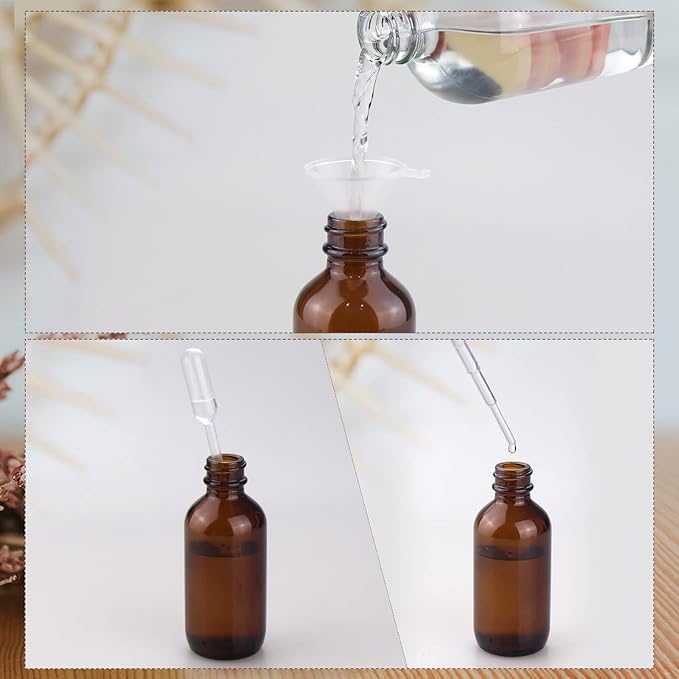 Wedama 4 oz Mini Glass Spray Bottles, Empty Small Spray Bottles with Funnel Dropper, Fine Mist for Hair, Travel, Plants, Cleaning Solutions and Skin Care (4 Pack Amber)