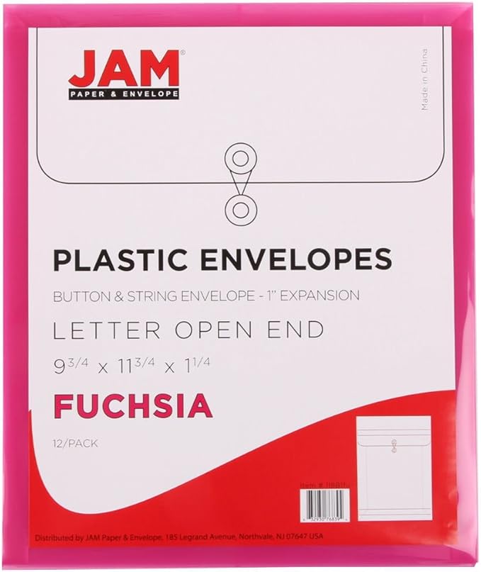 JAM PAPER Plastic Envelopes with Button & String Tie Closure - Letter Open End - 9 3/4 x 11 3/4 - Fuchsia - 12/Pack