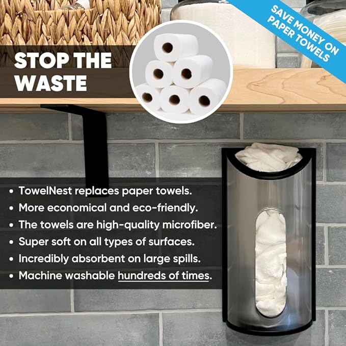 TowelNest Microfiber Cloth Dispenser | 15 Reusable Cloths (White) | Eco-Friendly Paper Towel Alternative | Absorbent & Washable | Wall/Cabinet Mount (3M Adhesive & Screws Included)